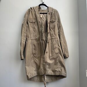 Luck Brand khaki military style utility jacket knee length with hood size L
